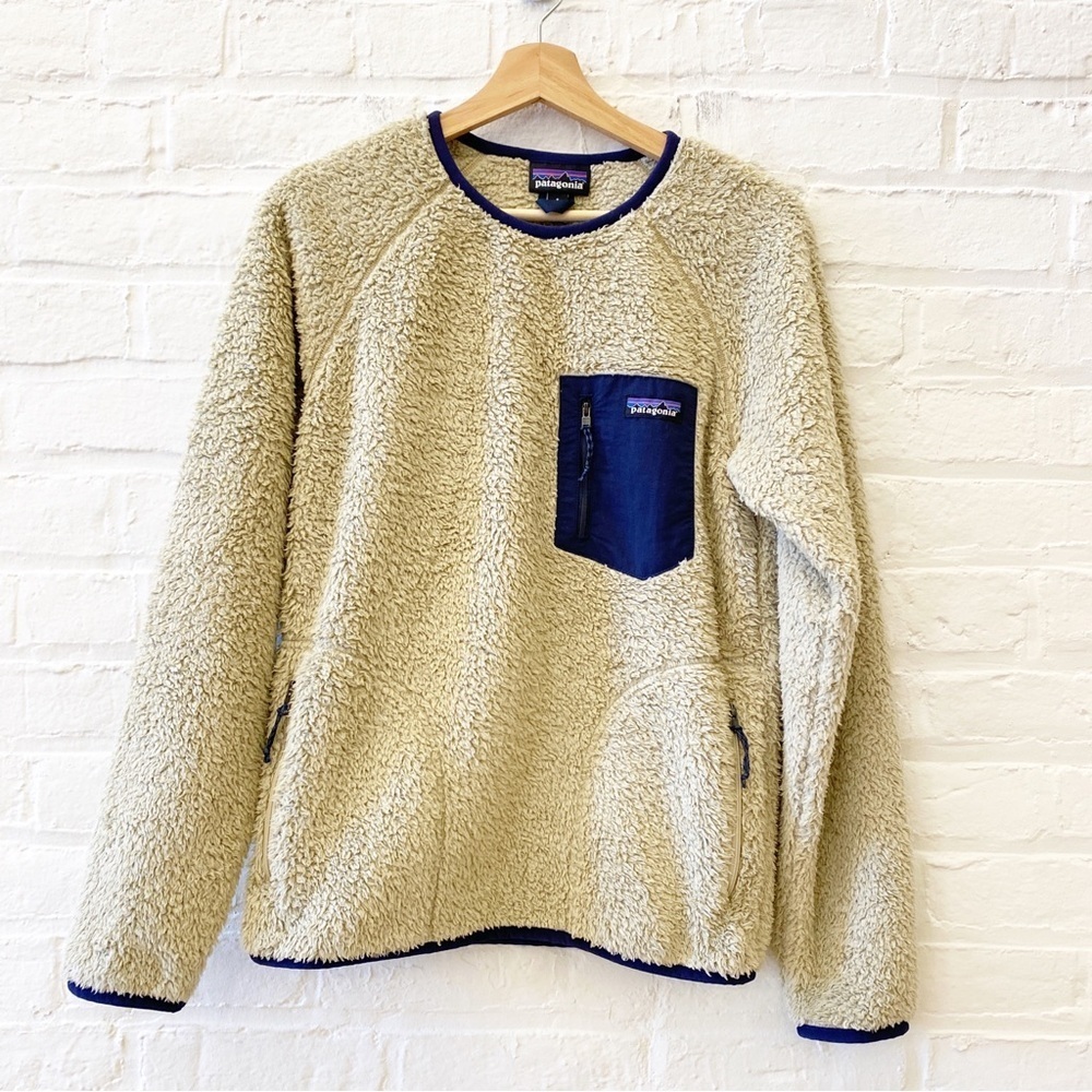 Patagonia || Los Gatos Fleece Crew Pullover Sweatshirt Tan Navy Blue Small‎
